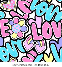 Abstract seamless chaotic pattern with word "love, flower, rainbow. Bright vector background. Cute Wallpaper for girls. 