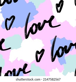 Abstract seamless chaotic pattern with words 'love'. Background spots . Wallpaper for girls. 