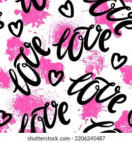 Abstract seamless chaotic pattern with words 'love'. Background spots . Wallpaper for girls. 