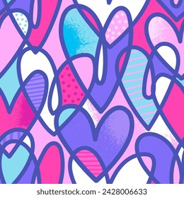 abstract seamless chaotic pattern with words 'love' and hearts. Grunge colorful background. Wallpaper for girls. 
