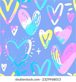 Abstract seamless chaotic print with colourful hearts. Cute texture background. Wallpaper for little baby girl. Fashion style pattern