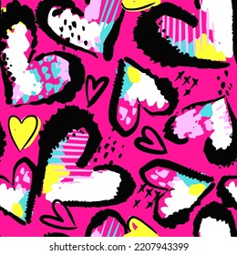 Abstract seamless chaotic print with hearts elements. Grunge texture background. Wallpaper for girls. Fashion style pattern