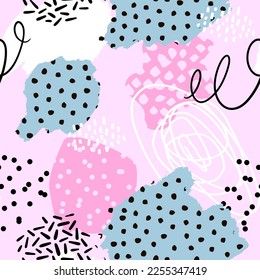 Abstract seamless chaotic print with spot and hand draw elements. Grunge texture background. Wallpaper for girls. Fashion style pattern