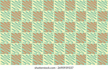 Abstract seamless checkerboard pattern with playful hand-drawn scribbles in a retro color palette. A whimsical and textured background design