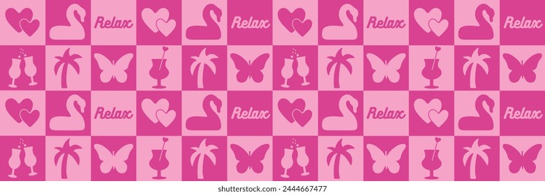 abstract seamless checkered pattern with romantic heart, palm tree, glass. fashionable surface design on a pink background, textiles, print, wrapping paper, cover. vector art illustration. barbie 