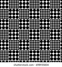 Abstract seamless chess pattern from circles of different sizes. Simple black and white geometric texture for fabric or clothing. Vector