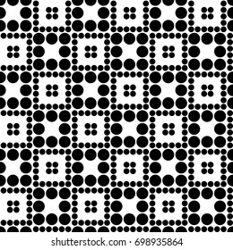 Abstract seamless chess pattern from circles of different sizes. Simple black and white geometric texture for fabric or clothing. Vector