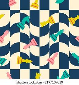 Abstract seamless chess pattern with figures. Grid, wavy swirl in 1970 trippy style. Hand drawn vector illustration. Trendy modern print for fabric, wallpaper, packaging paper, backgrounds and decor.
