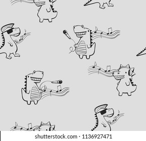 Abstract seamless childish dino pattern with music notes. Cartoon dinosaurs style repeated backdrop for boy and girl, textile, clothes, wrapping paper. 