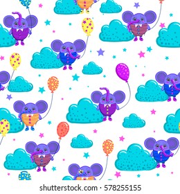 Abstract seamless childish pattern with cartoon character elephant, clouds, balloon. Funny colorful repeated backdrop for children, boys, girls, clothes, textile, wrapping paper.Cute animals wallpaper