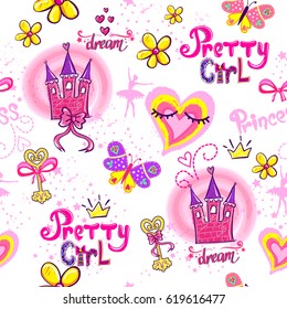 Abstract seamless childish pattern. Cartoon Repeated backdrop for child, girl, wallpaper, wrapping paper. Funny background with hearts, castle, flowers, butterflies, crown, text Princess, Pretty girl.