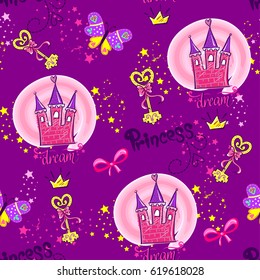 Abstract seamless childish pattern. Cartoon Repeated backdrop for child, girls, wallpaper, wrapping paper. Funny purple background with castle, butterflies, crown, text Princess, dream, key,stars.