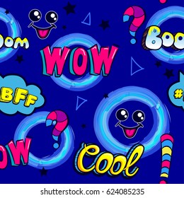 Abstract seamless childish pattern. colorful wallpaper for girls, children, wrapping paper, textile, clothes. cartoon repeated backdrop with text  cool, wow, sign  elements, best friend  forever 