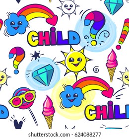 Abstract seamless childish pattern. colorful wallpaper for girls, children, wrapping paper, textile, clothes. cartoon repeated backdrop with ice cream, cloud, rainbow, Sun, diamond, candy, glasses 