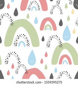 Abstract seamless childish pattern with freehand rainbows, rain drops and dots. Creative hand drawn kids texture for fabric, wrapping, textile, wallpaper and apparel design idea. Vector illustration.