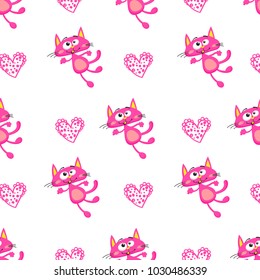 Abstract seamless childish pattern with funny pink cat and heart. Annuals repeated backdrop for girl, textile, clothes, wrapping paper. Childish pussy cat wallpaper. kitty iterative wallpaper. 