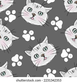 Resumen del patrón infantil impecable. Girlish repitió fondo sobre fondo gris con maullido de texto, gatos y garras. Cute divertido estilo gatito Caricatura de papel tapiz para chicas, textil, papel envolvente.