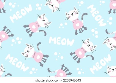 Resumen del patrón infantil impecable. El fondo giratorio repetido sobre fondo blanco con maullido de texto y gatos. Cute divertido estilo gatito Caricatura de papel tapiz para chicas, textil, papel envolvente.