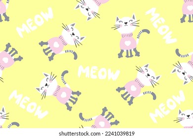 Resumen del patrón infantil impecable. Fondo de tontería repetida sobre fondo amarillo con maullido de texto y gatos. Cute divertido estilo gatito Caricatura de papel tapiz para chicas, textil, papel envolvente.