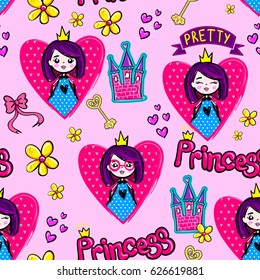 Abstract seamless childish pattern. Girlish repeated backdrop on pink background with Princess, crown, flowers, hearts, castle. Cute funny design. Cartoon wallpaper for girls, textile, wrapping paper.