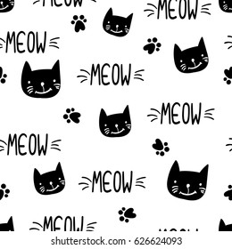 Abstract seamless childish pattern. Girlish repeated backdrop on white background with text meow, cats and paw. Cute funny kitty style Cartoon wallpaper for girls, textile, wrapping paper.