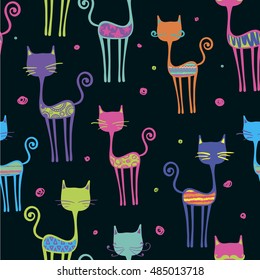  Abstract seamless childish pattern. Neon colors design on black background for girls. Set of cartoon kitty with ethnic, geometric prints. Fashion girlish repeated backdrop. Cats silhouette wallpaper