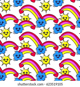 abstract seamless childish pattern on white background with funny cartoon rainbow, smile blue cloud,  yellow sun, heart. set of doodle elements. girlish repeated backdrop. cute wallpaper for girls