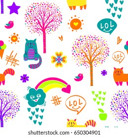 Abstract seamless childish pattern on white background with cartoon cat, rainbow, clouds, hearts, bird, laughing out loud. Colorful funny wallpaper for child,  textile,  clothes, wrapping paper. 