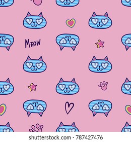 Abstract seamless childish pattern on tender pink background with cartoon cat face, hearts, stars, paw, word meow. Colorful repeated backdrop for girls, textile, clothes, wrapping paper. Pussy cat