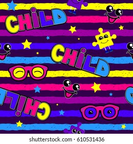 Abstract seamless childish pattern with repeated stripes background. Funny girlish backdrop in bright colors, with cartoon elements glasses, smile end eyes, stars. Cute wallpaper for child.