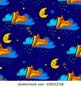 Abstract seamless childish pattern with sleeping fox on clouds on the night sky with moon and stars. Cute cartoon repeated backdrop for boys, girls, textile, clothes, wrapping paper.