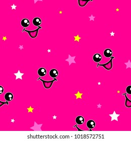 Abstract seamless childish pattern with smile and eyes. pink background. colorful stars. Repeated backdrop for textile, childish clothes, wrapping paper. girlish color. Cartoon character happy emotion