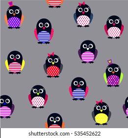 abstract seamless childish pattern wit character art penguins in bright colors on grey background. animals wallpaper. cute repeated backdrop foo child, girls, fashion clothes, textile, paper