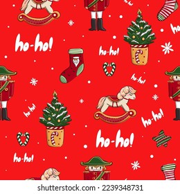 Abstract seamless Christmas pattern with  hobbyhorse, nutcracker, Eve tree, lollipop heart, words ho ho, celebrate socks. New year repeat print for wrapping paper. Ho ho endless ornament