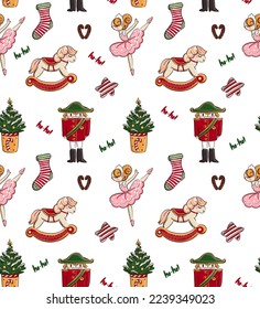 Abstract seamless Christmas pattern with  hobbyhorse, nutcracker, Eve tree, lollipop heart, words ho ho, celebrate socks, stars, ballerina toy . New year repeat print for wrapping paper