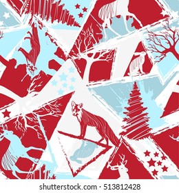 Abstract seamless christmas pattern. Winter pattern with wild animals. The fox, hare, deer. Red colors. Wallpaper for boys and girls for fabric, paper and other 