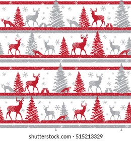 Abstract seamless christmas pattern. Winter pattern with wild animals. The fox, hare, deer. Red colors. Wallpaper for boys and girls for fabric, paper and other 