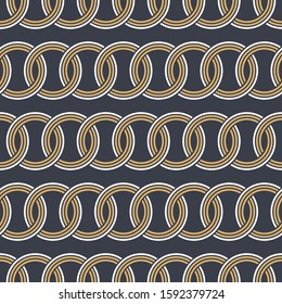 Abstract seamless circles chain pattern. Decorative geometric interlaced horizontal lines. Repeating round shapes. Vector color background.