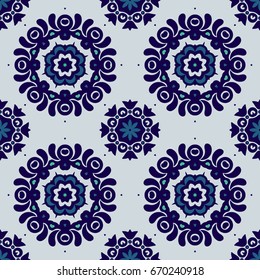 Abstract seamless classic russian blue ornamental vector pattern for fabric. blue and white damask luxury seamless design