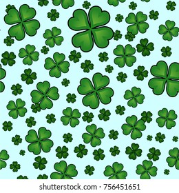 Abstract seamless clover pattern for girls, boys, clothes. Creative vector background with green clover, chaotic print. Funny pattern wallpaper for textile and fabric. Fashion style. Colorful bright