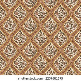 Abstract seamless  color full geometric paisley fabric effect small flower leaf ajrakh print ornament bunch pattern cream background design