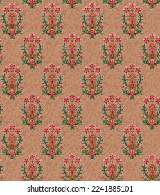 Abstract seamless  color full  paisley  flower leaf ajrakh print  bunch pattern cream background design