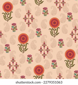 Abstract seamless  color full  paisley  small flower leaf print  bunch pattern cream background design