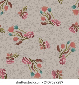 Abstract seamless  color full paisley fabric effect small flower leaf  bunch pattern gray background texture