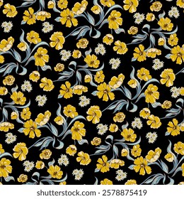 Abstract seamless color full small flower leaf bunch pattern black background design