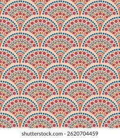 Abstract seamless color full traditional geometric circle bandhani paisley fabric effect small flower leaf ajrakh print ornament bunch pattern cream background design