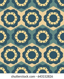 Abstract seamless color pattern. Beige blue flowers and stripes. Vector illustration