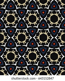 Abstract seamless color pattern. Colored polygons, circles, and triangles. Vector illustration