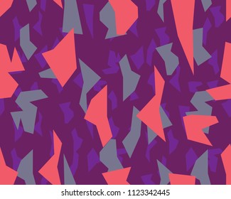 Abstract seamless colorful camouflage pattern with straight geometric shapes and bright colors on purple background