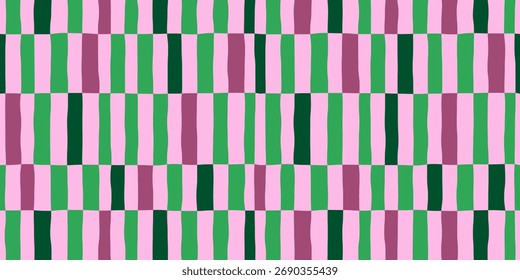 Patrón geométrico colorido inconsútil Abstractas de las rayas multicolores de la Vertical en una fila en un fondo rosado, patrón distorsionado del tablero de ajedrez, Ilustración vectorial dibujada a mano simple, estilo plano